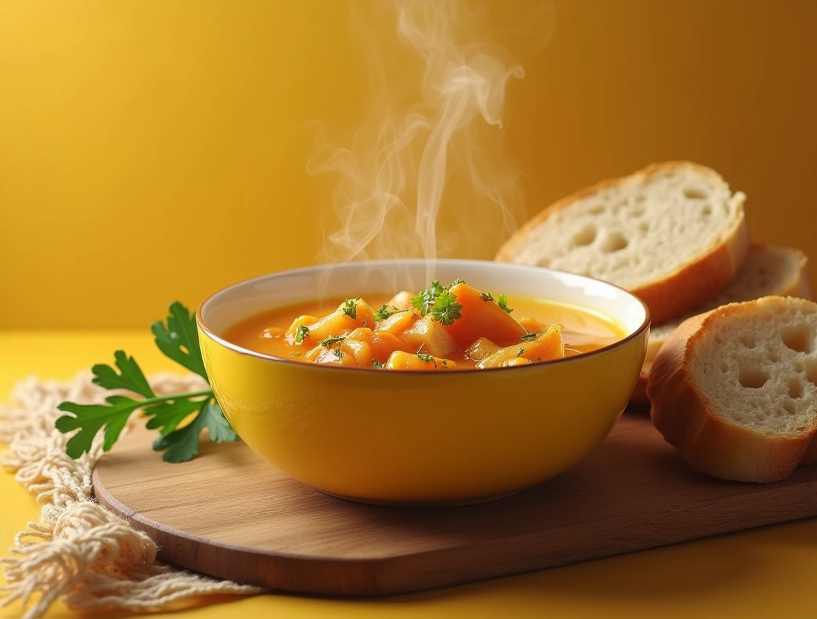 A steaming hot bowl of chicken bouillon with juicy chicken pieces and fresh parsley, served with crusty bread on the side.