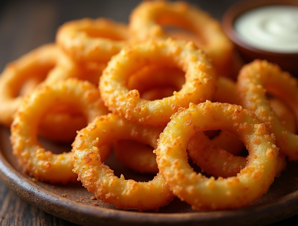 Close-up of golden-brown gold nugget rings, a crispy snack, on a rustic plate with dipping sauce in the background.