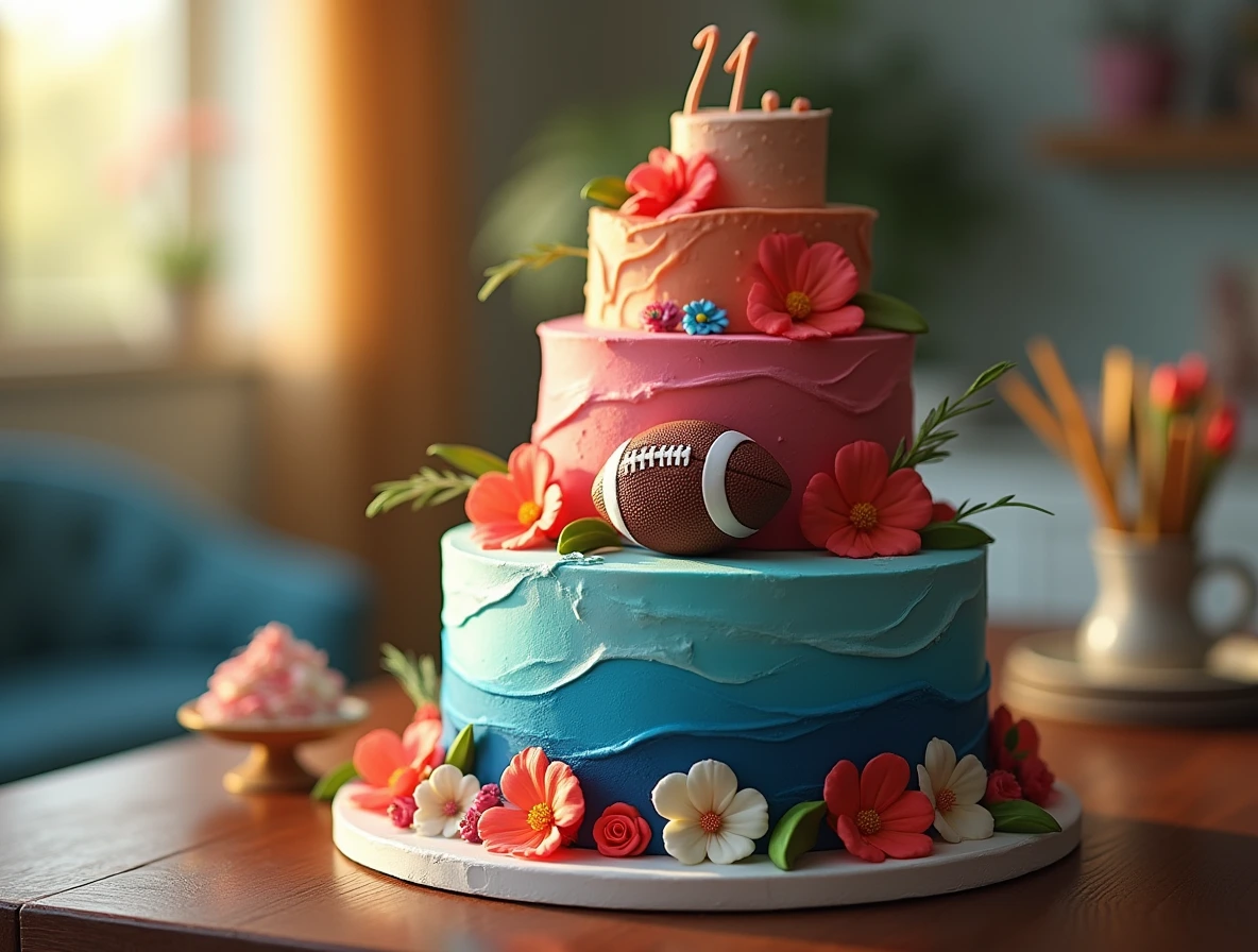 A vibrant and detailed Super Bowl-themed cakes, complete with edible flowers and a miniature football, set against a warm and inviting background.