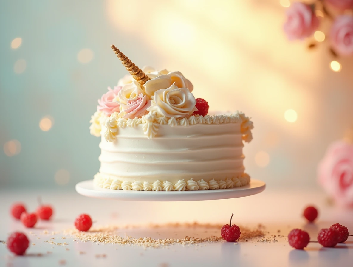 A beautifully styled and photographed unicorn cake, adorned with edible glitter and fresh berries, suspended against a soft white background.