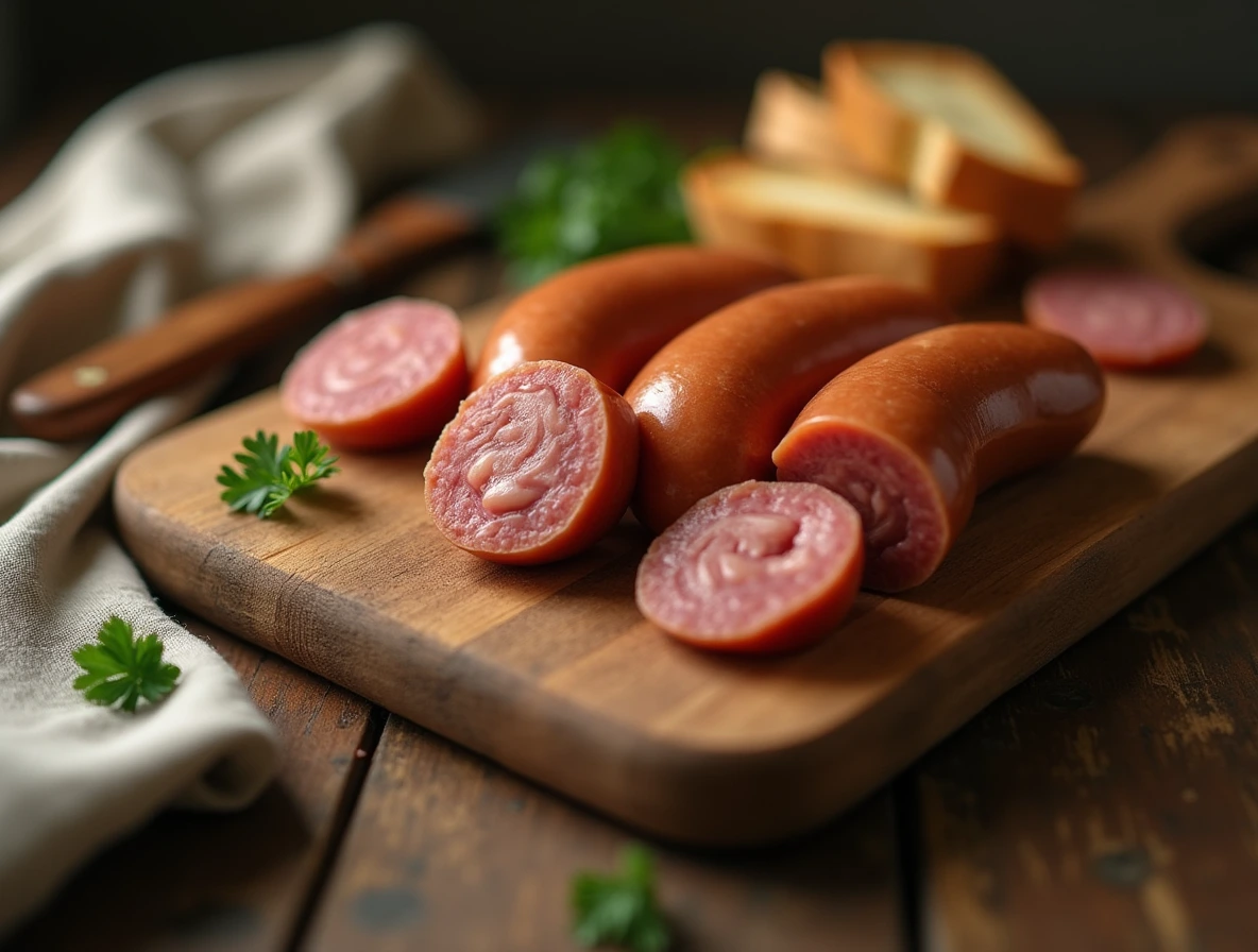 Vienna sausage on a rustic wooden cutting board with parsley and crusty bread