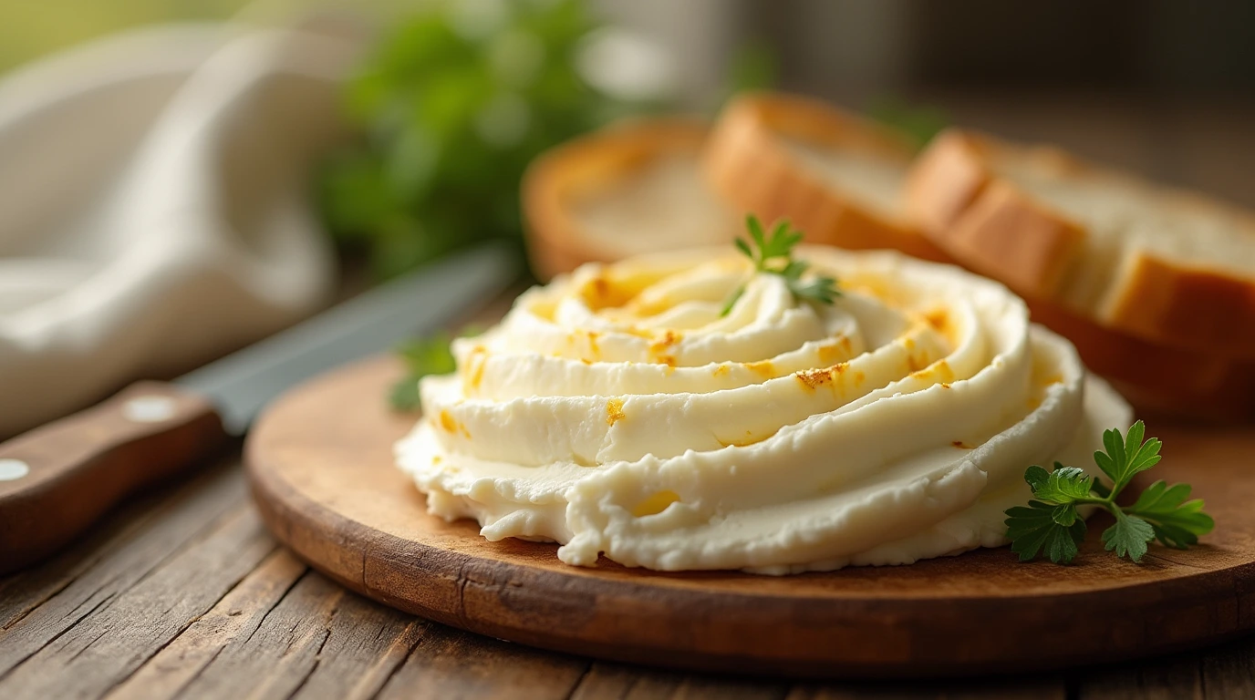 A slice of cream cheese on a rustic wooden board, garnished with fresh parsley and a small ceramic knife.