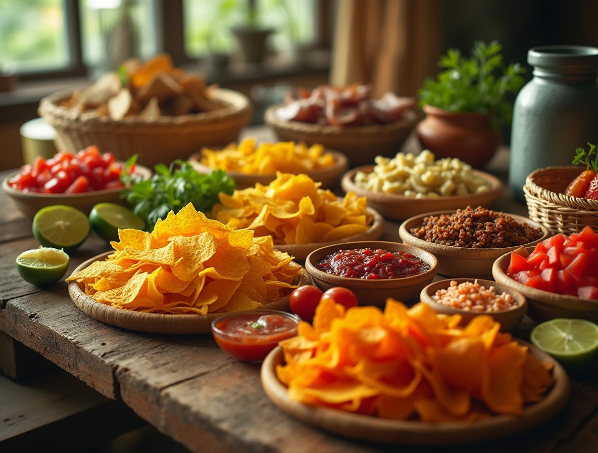 A colorful arrangement of Mexican snacks, including tortilla chips, diced tomatoes, and fresh limes, set against a rustic wooden table.