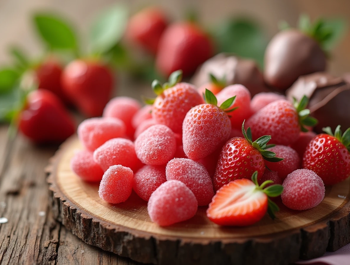 An assortment of strawberry candy including gummy strawberries, hard candies, and chocolate-covered strawberries on a wooden table.
