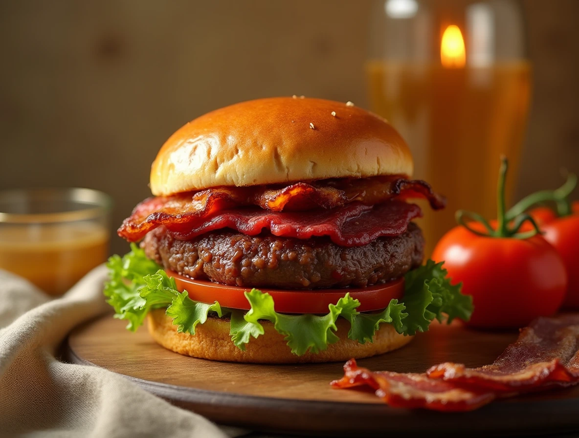 A juicy Wagyu burger on a rustic wooden cutting board, topped with fresh lettuce, tomato, and crispy bacon.