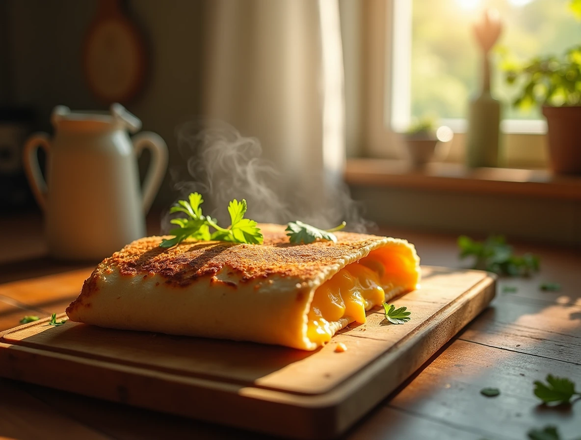 A perfectly toasted grilled cheese burrito on a rustic cutting board with fresh cilantro and a warm kitchen atmosphere.