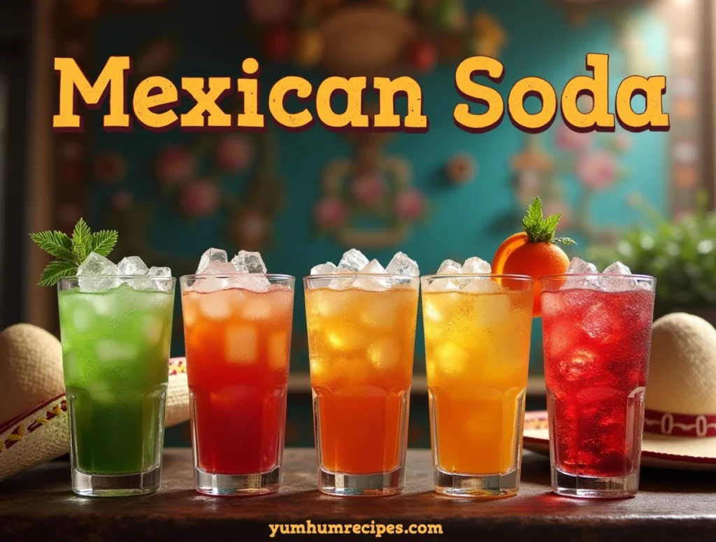 A realistic depiction of colorful Mexican sodas served in clear glasses filled with ice, displayed in a festive market setting, surrounded by traditional Mexican decorations.