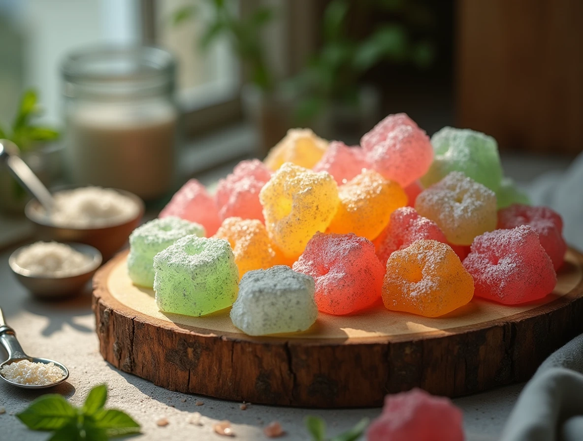 Top 5 easy recipes for homemade crystal candy displayed on a kitchen table, featuring ingredients and finished products.