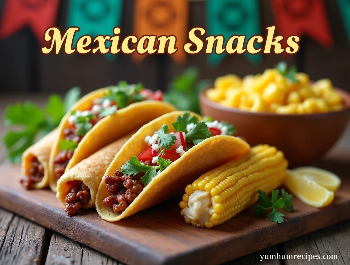 A realistic depiction of a colorful assortment of traditional Mexican snacks on a rustic wooden table, featuring tacos, tamales, churros, and elote, with festive decorations in the background.