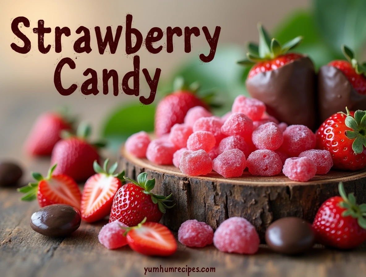 An assortment of strawberry candy including gummy strawberries, hard candies, and chocolate-covered strawberries on a wooden table.