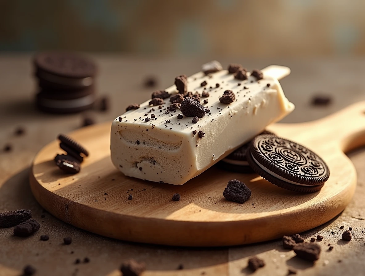 A single Oreo Ice Cream Bar placed on a rustic wooden cutting board, with loose Oreo cookies and crushed Oreos around it.