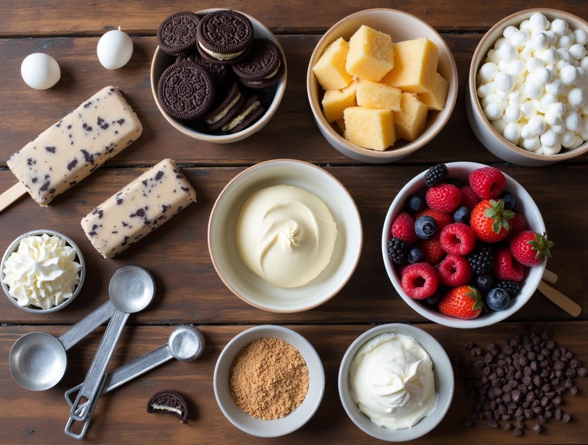 All ingredients and equipment needed for Oreo ice cream bars displayed on a rustic wooden table, including Oreo cookies, vanilla ice cream, chocolate chips, and fresh berries.