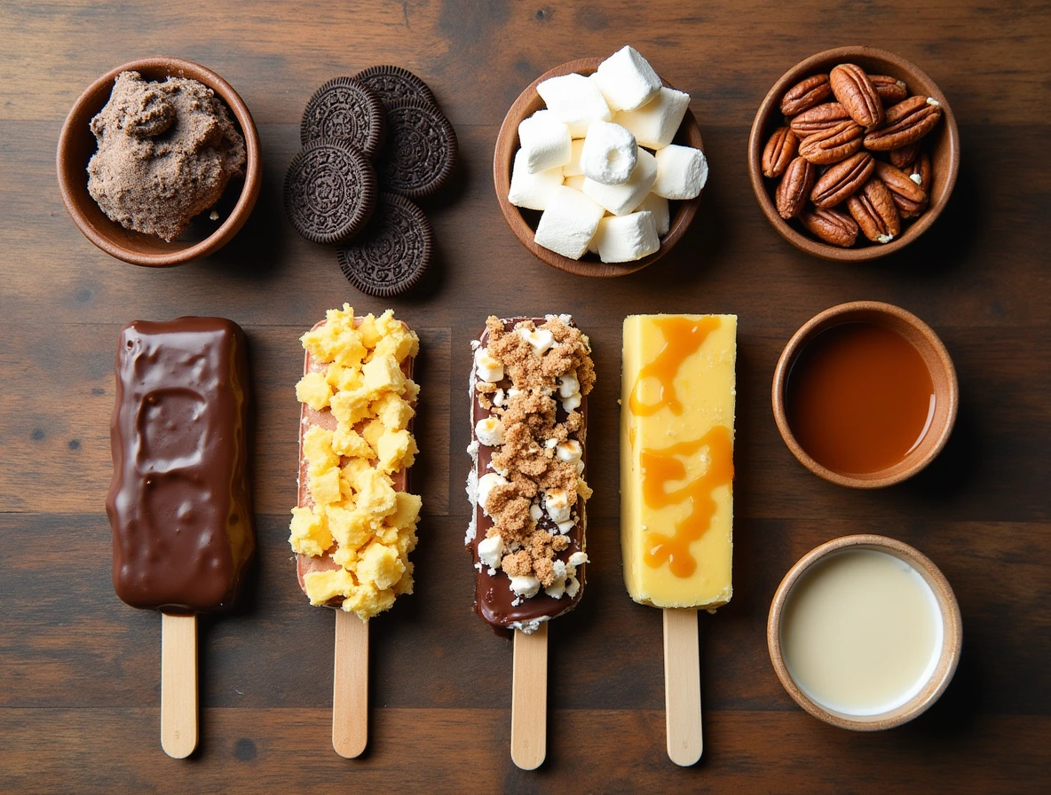 All ingredients for unique flavor combinations for Oreo ice cream bars displayed on a rustic wooden table, including Oreo cookies, chocolate ice cream, and tropical fruits.