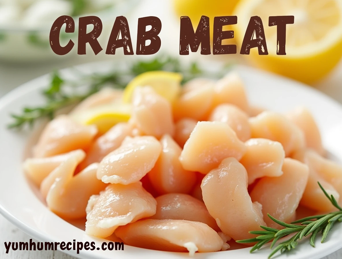 Fresh crab meat served on a plate with herbs and lemon slices.