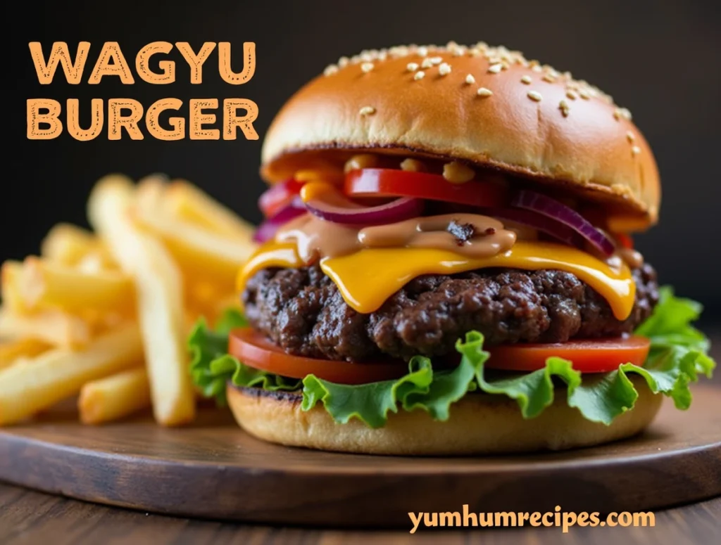 A delicious Wagyu burger with cheese, lettuce, and tomato on a brioche bun, accompanied by crispy fries.