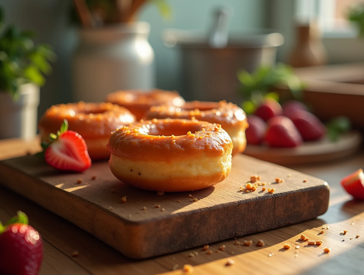 A golden-brown protein donut on a rustic wooden cutting board, garnished with fresh fruit and herbs.