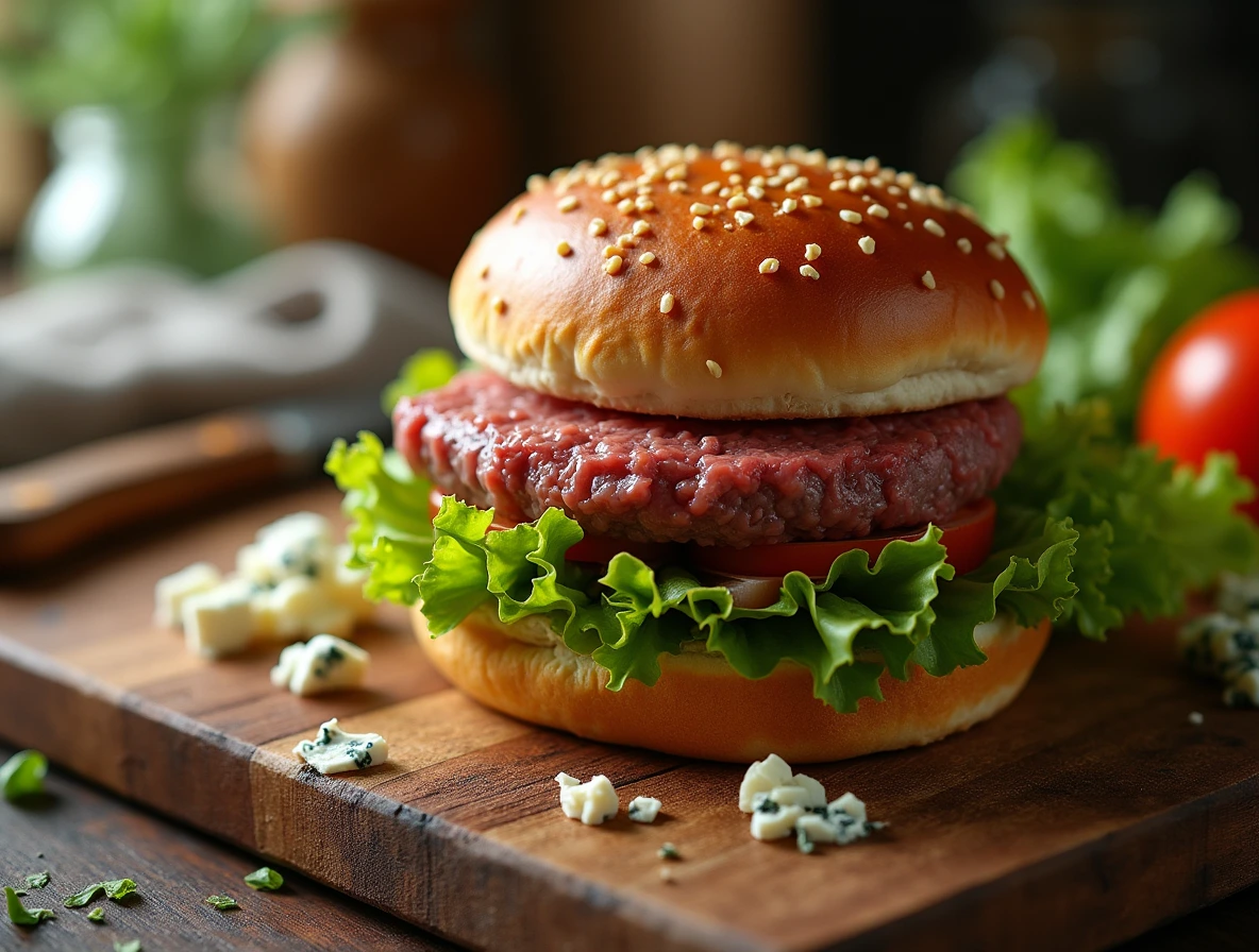 A photorealistic image of a Wagyu burger on a wooden cutting board, showcasing fresh ingredients and a mouthwatering presentation.