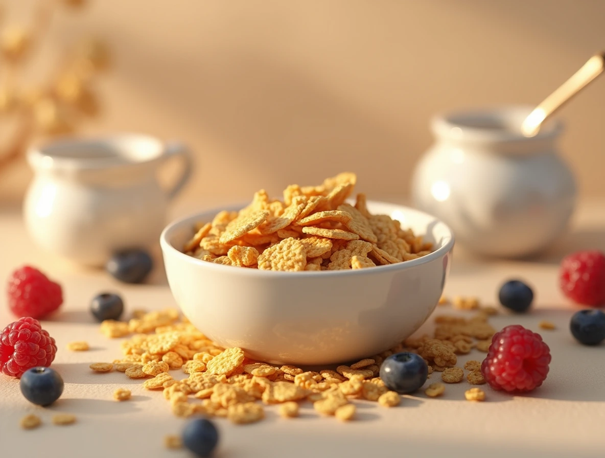 A delicious and nutritious protein cereal spread in a white bowl with fresh berries and granola