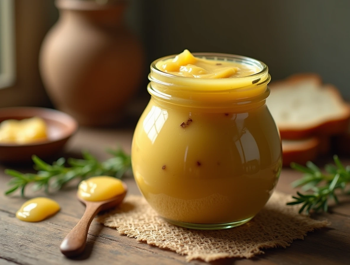 A jar of freshly made pistachio butter on a rustic wooden table, surrounded by natural props and warm lighting.