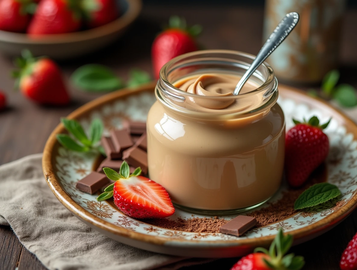 A still life image of hazelnut cream paired with fresh strawberries, shaved dark chocolate, and mint on a vintage ceramic plate and linen napkin.