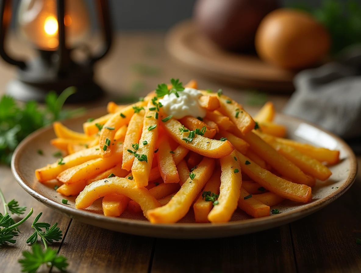 Sizzling Creative Hot Fries Recipe A steaming hot plate of creative hot fries with melted cheese and fresh herbs on a rustic wooden table.