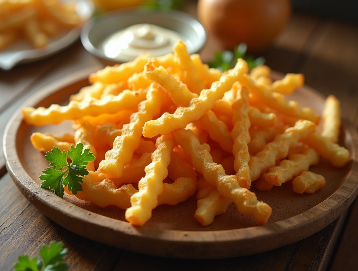 A steaming hot plate of crinkle cut fries, perfectly arranged and garnished with fresh parsley and mayonnaise.