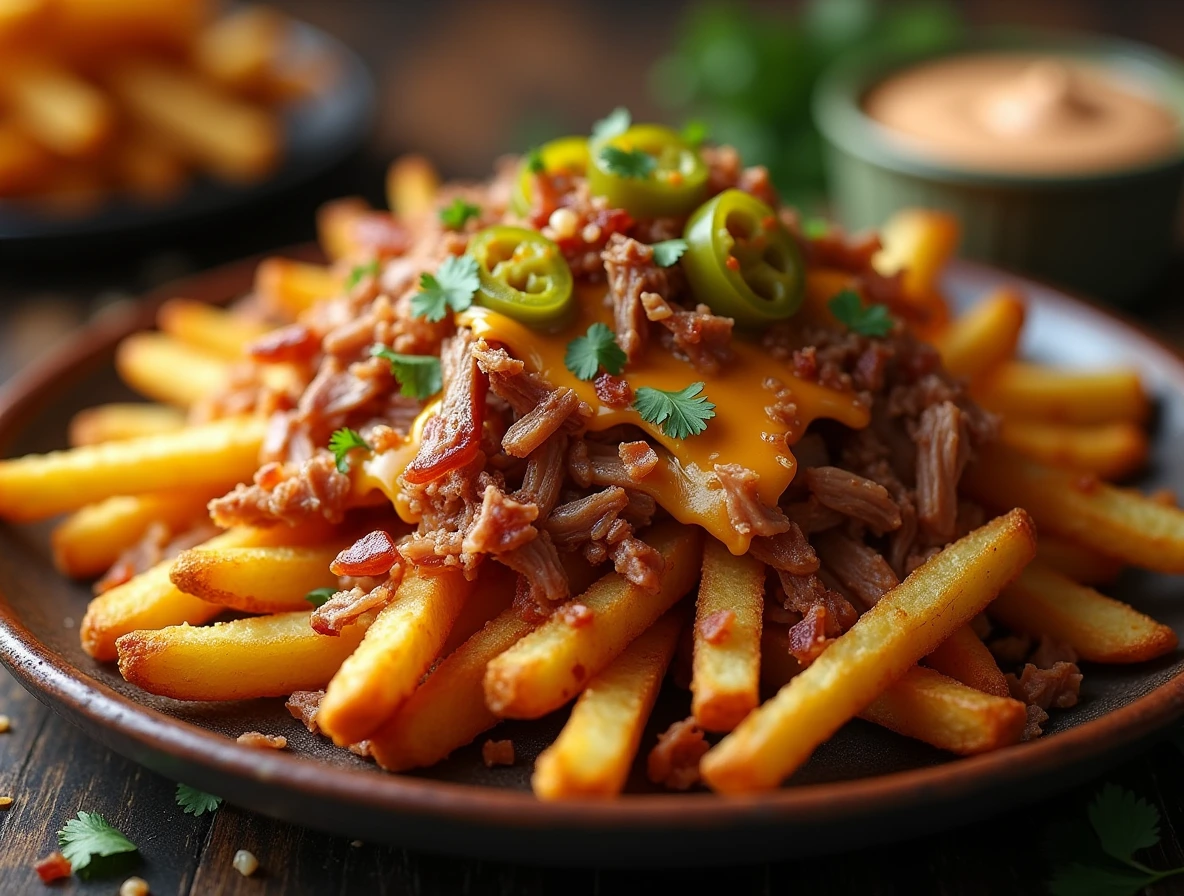 A plate of crispy, golden-brown Voodoo Fries served with spicy mayo and crispy bacon bits, garnished with fresh cilantro leaves.