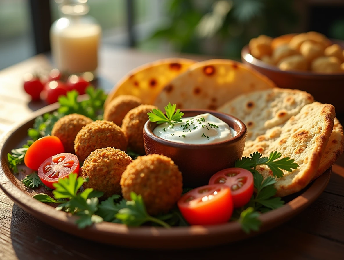 A platter of easy recipes using frozen falafel balls, featuring fresh ingredients and a warm, inviting atmosphere.