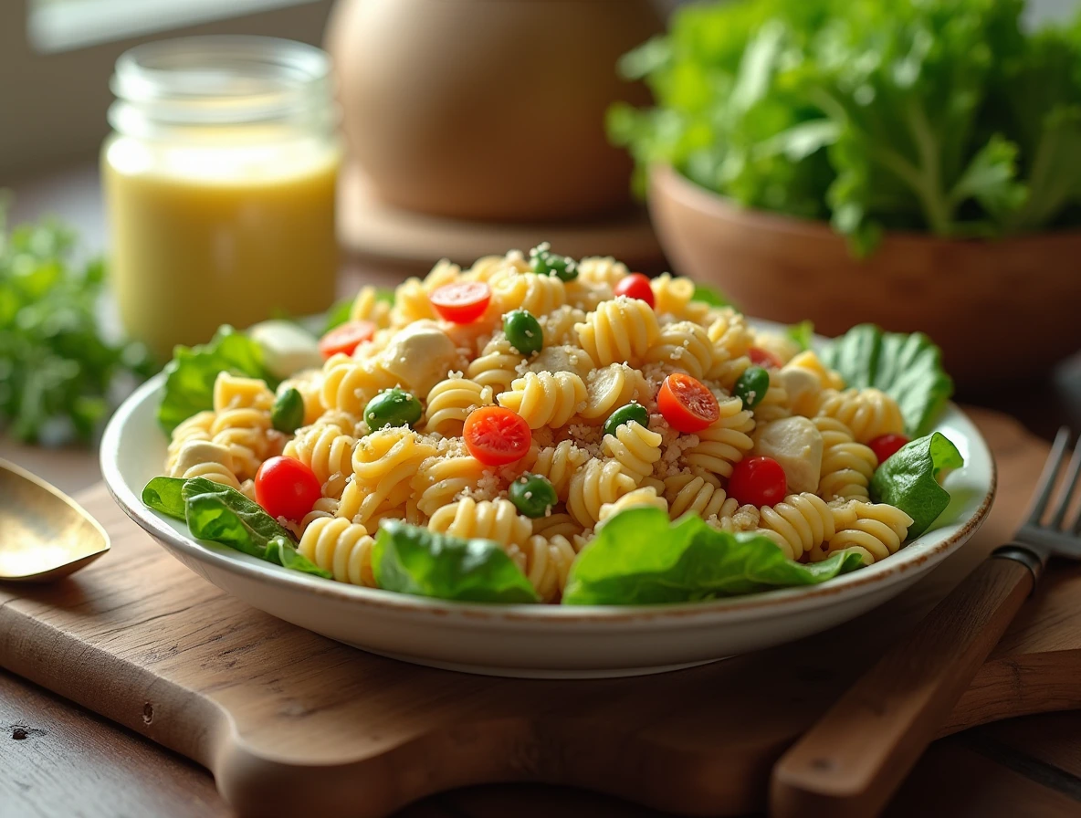 A beautifully styled Caesar Pasta Salad with fresh ingredients and equipment laid out on a wooden cutting board.