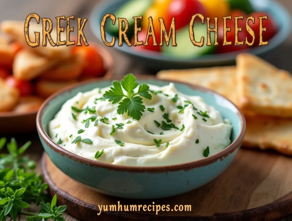 A bowl of Greek cream cheese garnished with fresh herbs, surrounded by colorful vegetables and pita bread on a rustic wooden table.