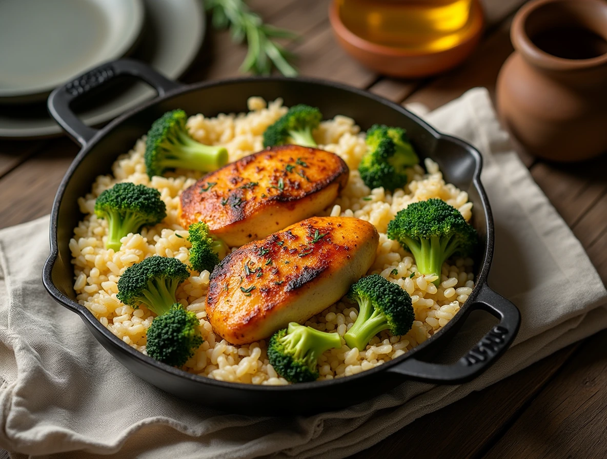 A beautifully styled and photographed chicken broccoli rice casserole, garnished with fresh rosemary and served on a rustic wooden table