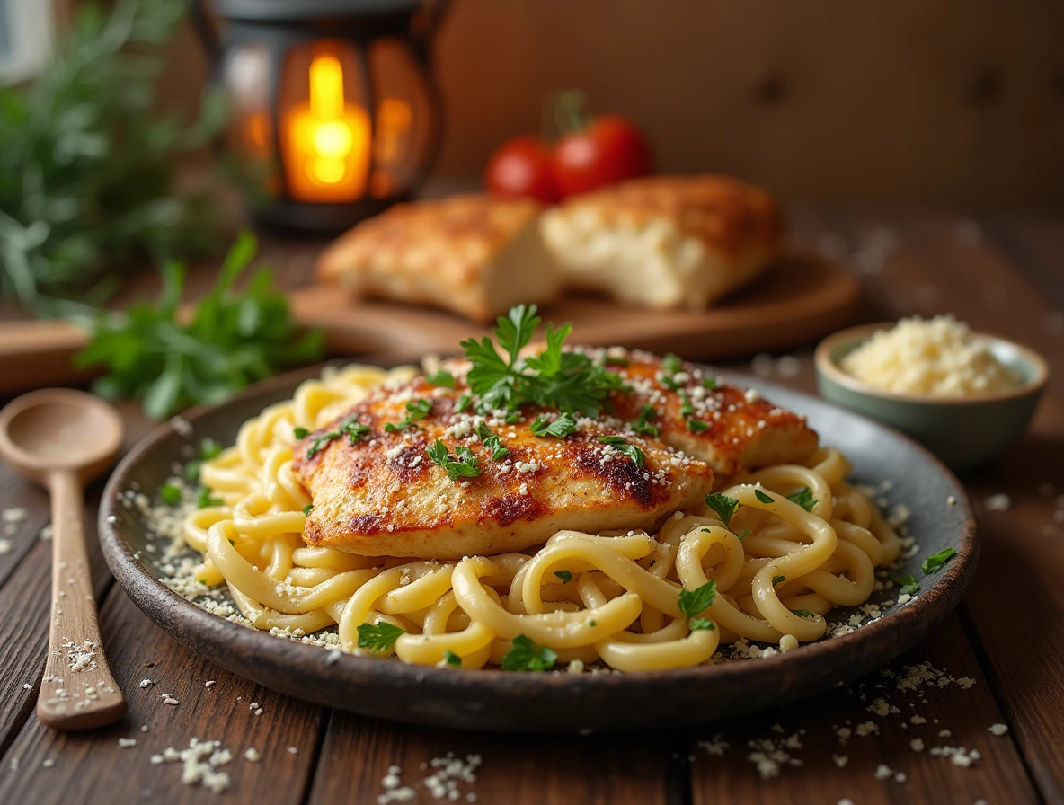 Garlic Parmesan Chicken Pasta image, featuring a mouthwatering dish with golden-brown chicken, creamy pasta, and crispy Parmesan cheese.