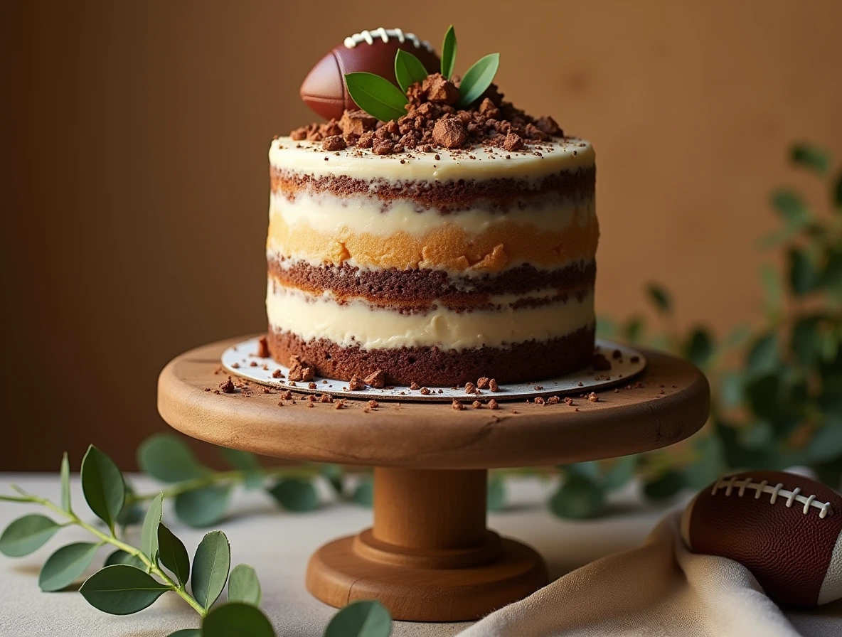 A beautifully crafted Super Bowl cake on a rustic cake stand, surrounded by football-themed decorations and fresh eucalyptus leaves.