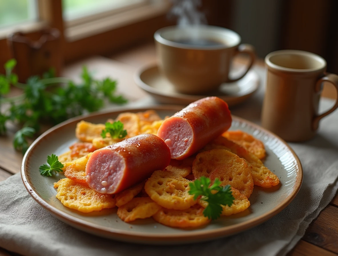 A beautifully styled breakfast scene featuring a Vienna sausage recipe, hash browns, and parsley, set against a rustic wooden table.