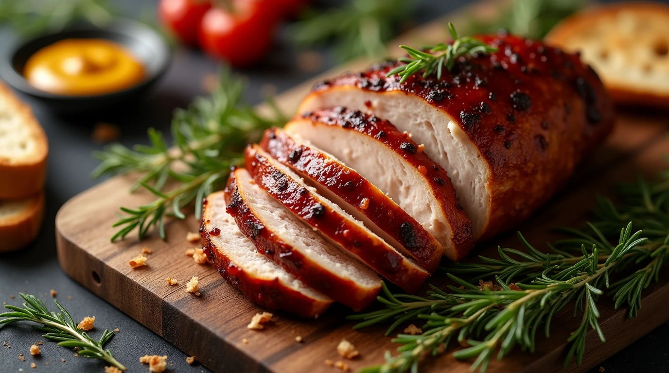 A beautifully styled smoked turkey breast with fresh herbs and rustic props