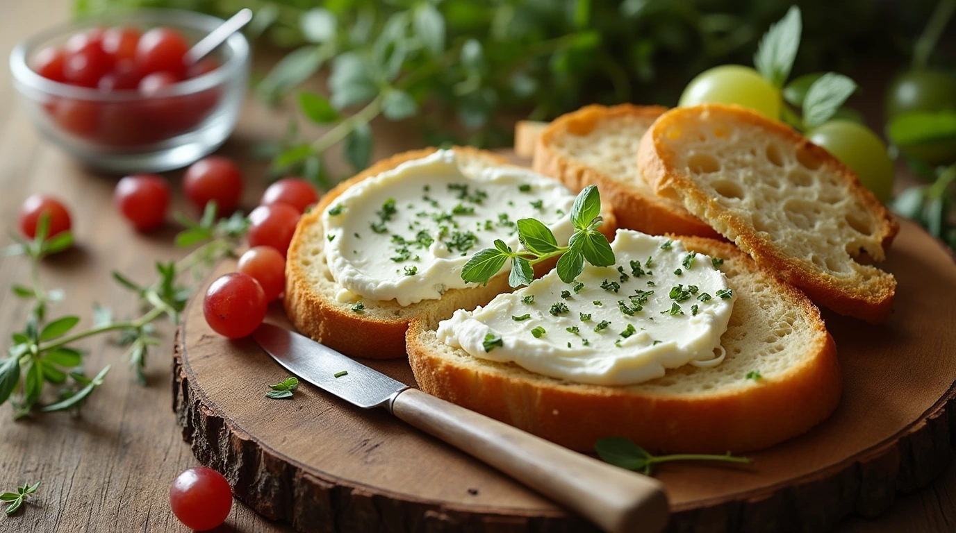 A beautifully styled cream cheese spread on a wooden board, garnished with fresh herbs and accompanied by crusty bread and fresh berries.