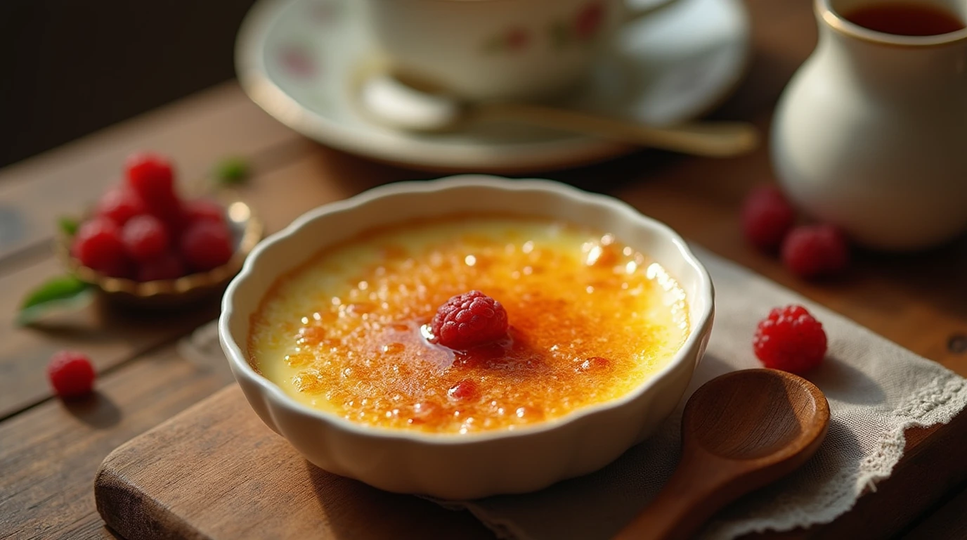 A close-up shot of a crème brûlée dessert infused with egg pudding powder, topped with a caramelized sugar crust and garnished with fresh berries and a vintage wooden spoon.