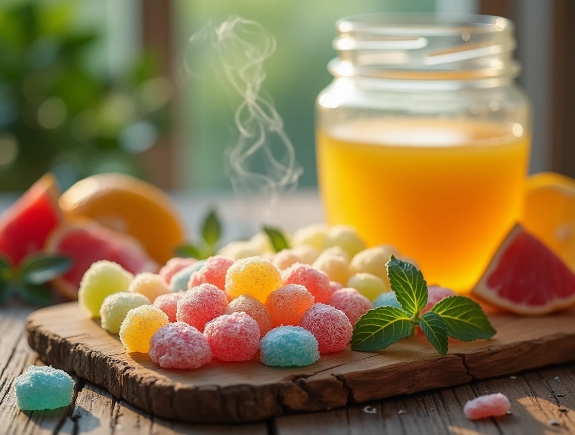 The Nutritional Powerhouse of Sour Candy A colorful arrangement of sour candies, fresh mint, and citrus fruits on a rustic wooden table, with a glass jar of freshly squeezed juice in the background.