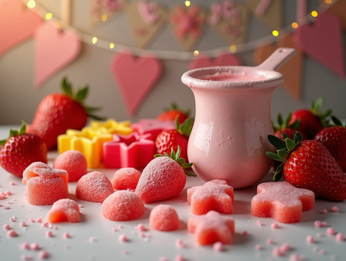 Making strawberry candy for special occasions with fresh strawberries, colorful molds, and finished candy pieces.