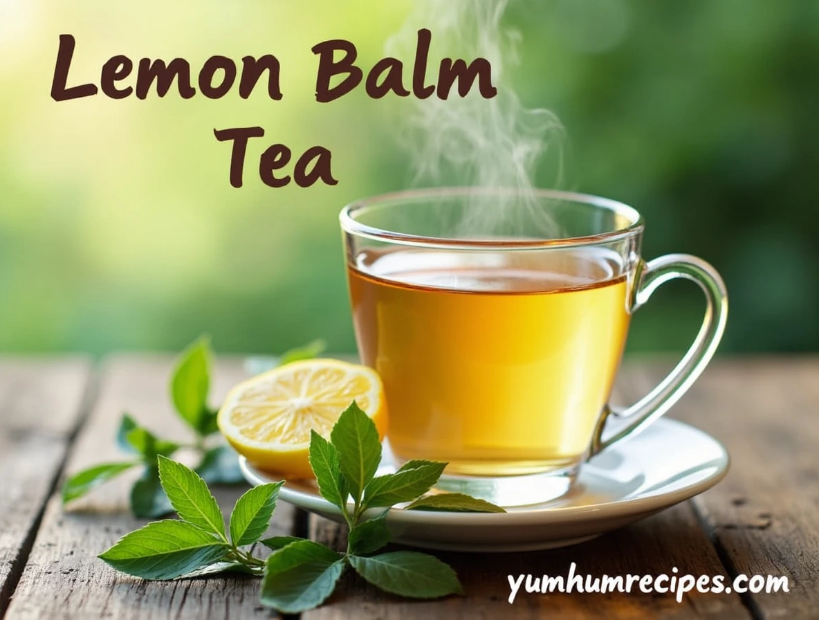 A cup of lemon balm tea with fresh lemon balm leaves and a lemon slice on a wooden table.