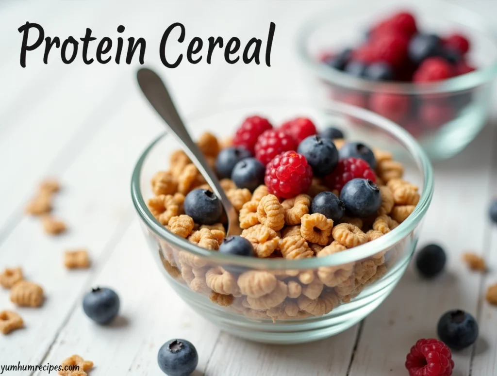 A bowl of protein cereal with a spoon and fresh berries, perfect for a healthy breakfast.