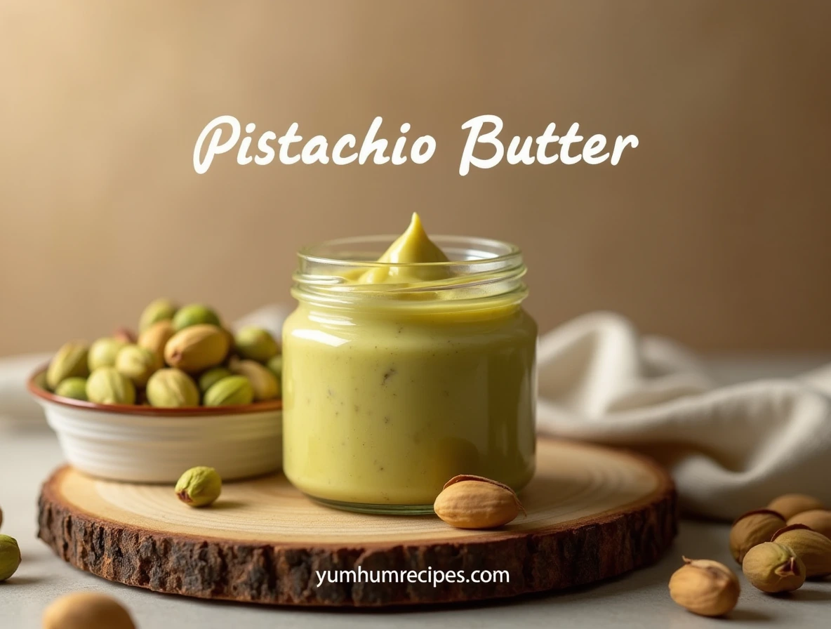 A jar of creamy pistachio butter with text overlay reading "pistachio butter" and the yumhumrecipes.com logo.