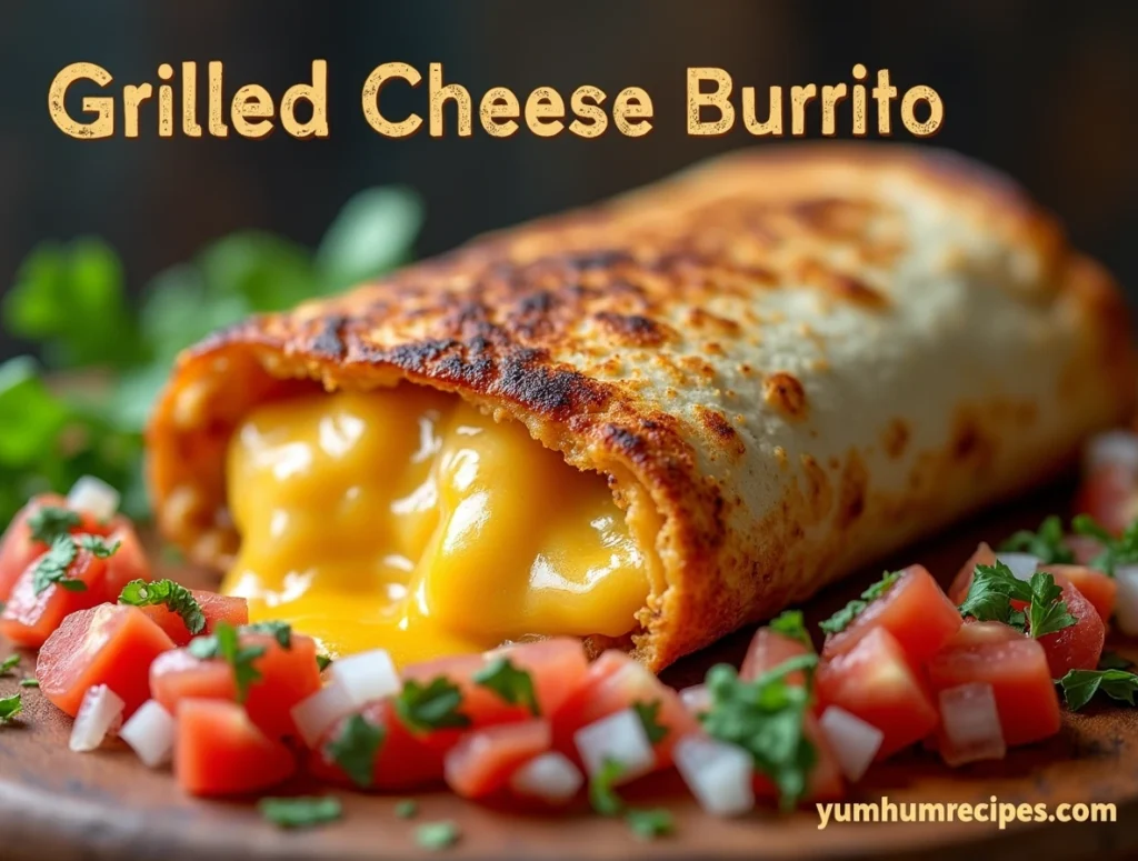 A delicious grilled cheese burrito with a crispy exterior, filled with melted cheese, served with salsa and garnished with cilantro.