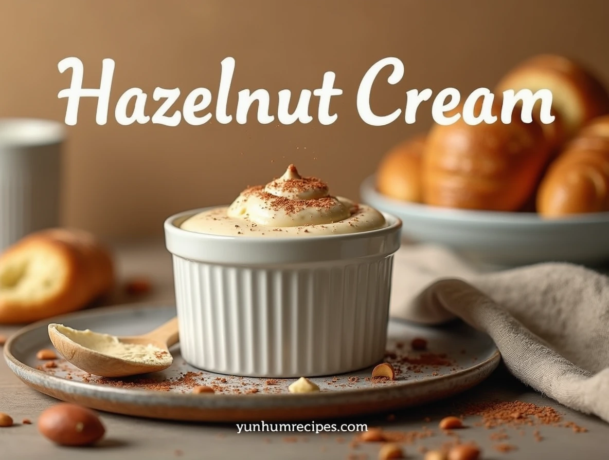 A shot of hazelnut cream in a ramekin, garnished with a pat of butter and a sprinkle of hazelnuts, with the text "hazelnut cream" and "yumhumrecipes.com" placed subtly in the frame.