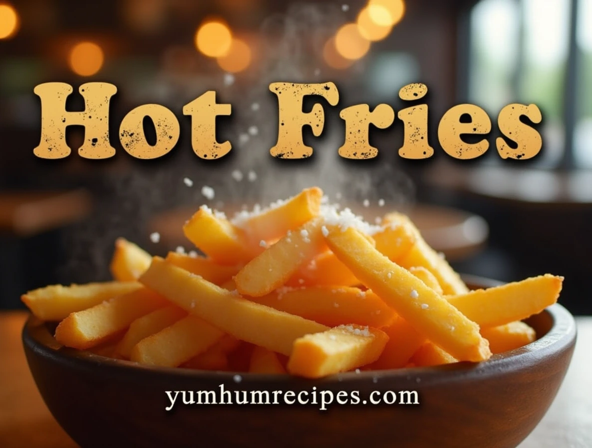 Close-up of steaming hot fries in a wooden bowl, sprinkled with sea salt.
