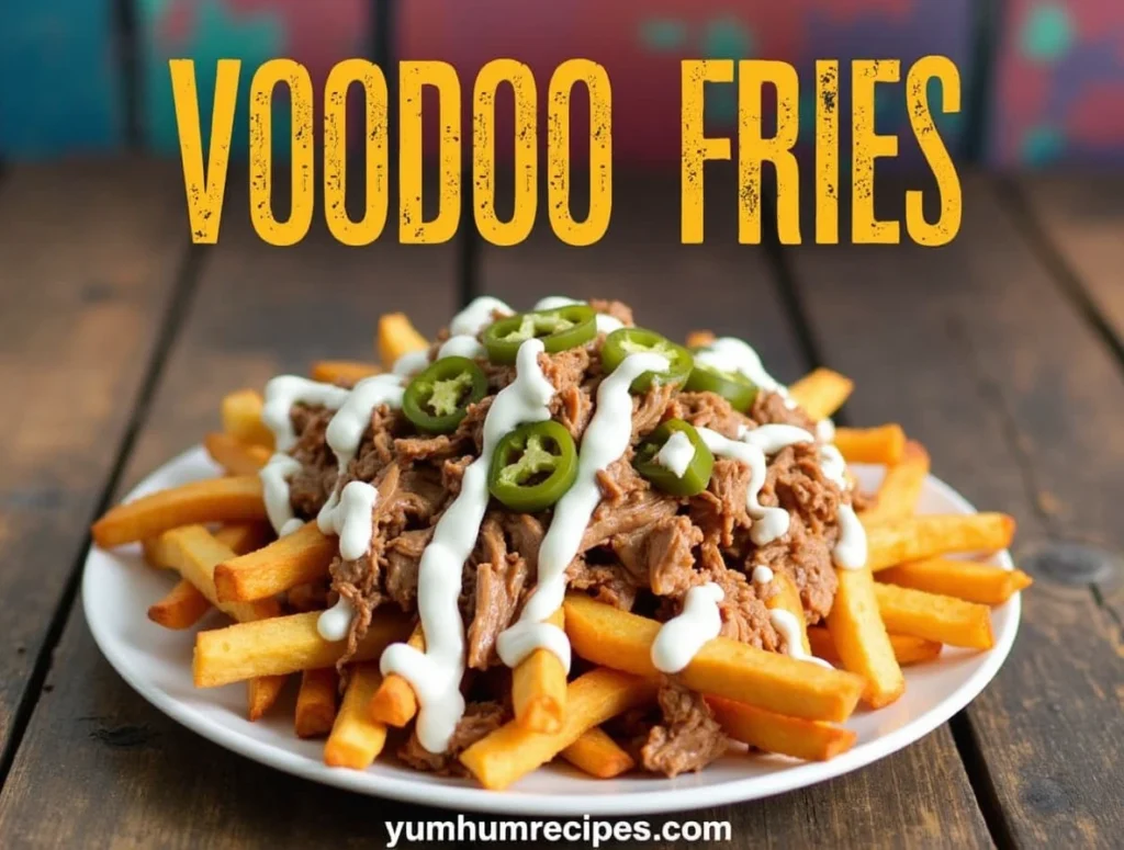 Delicious voodoo fries topped with cheese, pulled pork, and jalapeños on a wooden table.