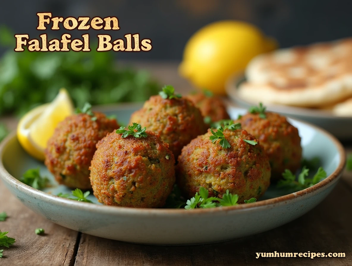 Frozen falafel balls in a rustic wooden table setting, garnished with fresh parsley and lemon wedges, with the keyword 'Frozen Falafel Balls' prominently displayed.