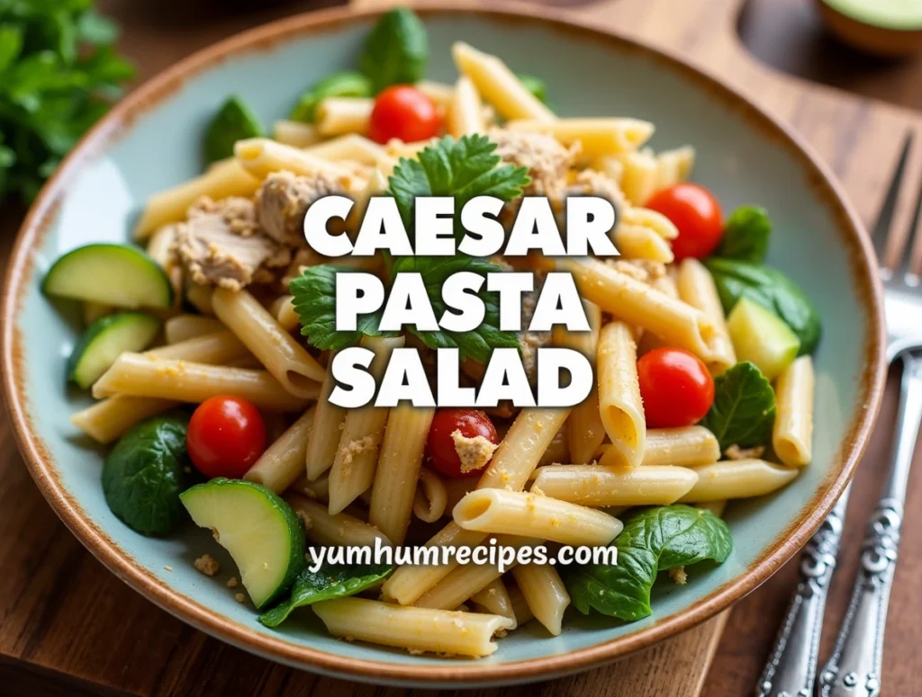 A beautifully styled Caesar Pasta Salad recipe featuring fresh ingredients, a rustic cutting board, and a vintage-inspired plate, with the title "caesar pasta salad" prominently displayed.