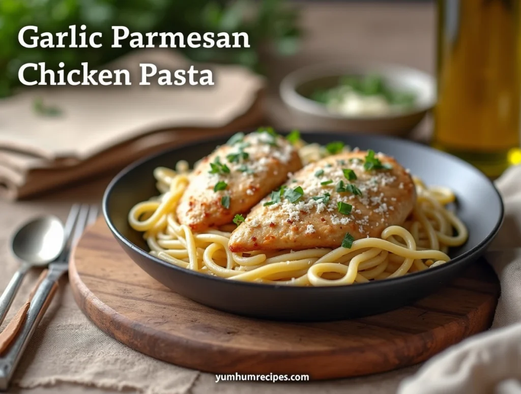 Garlic Parmesan Chicken Pasta recipes on a rustic wooden cutting board with a warm beige linen background