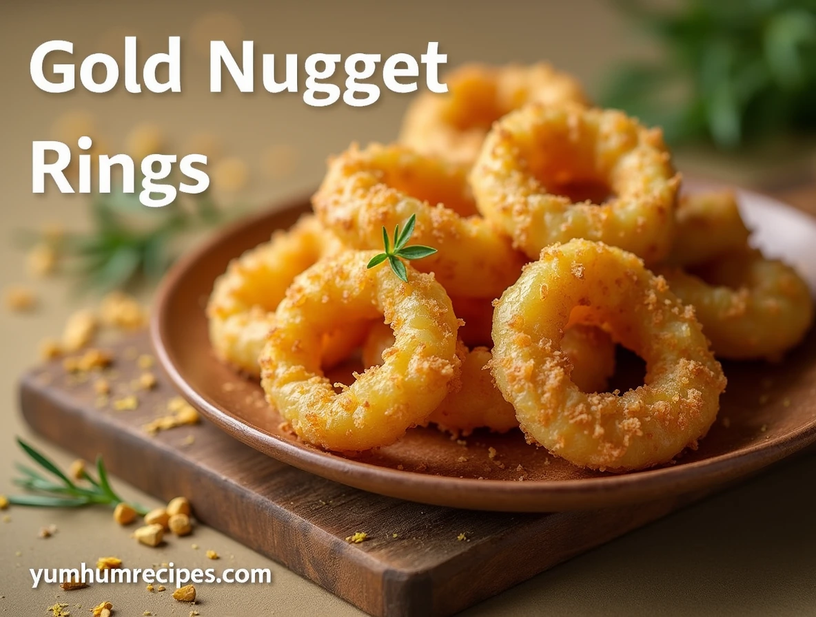 A plate of golden, crispy, and crunchy Gold Nugget Rings with a rustic wooden board and edible gold dust, from yumhumrecipes.com.